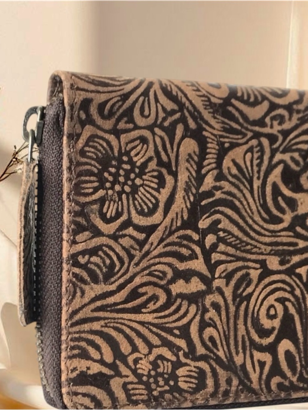 Embossed Floral Leather Zip Wallet - Brown and Black - Picture 4 of 8